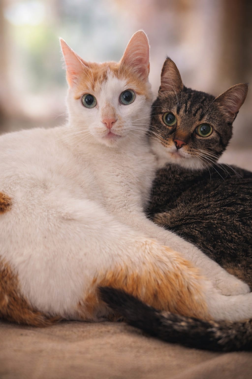 Zwei Katzen liegen eng beieinander und blicken in die Kamera